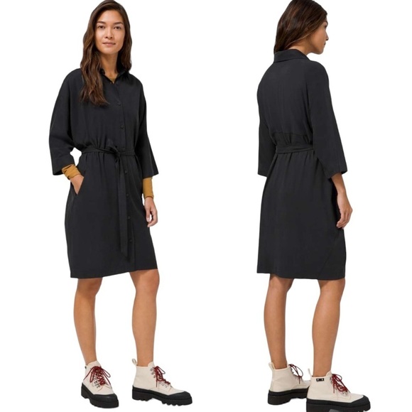 Lululemon Perfectly Poised Belted Shirt Dress Relaxed Fit Black 4 - Picture 1 of 10